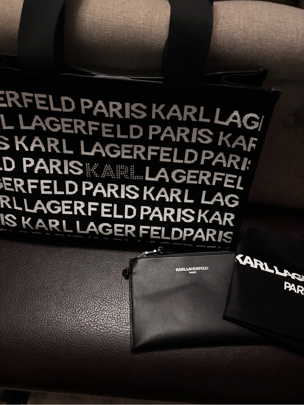 Karl Lagerfeld Black & White Logo Canvas Messenger Tote with Pouch